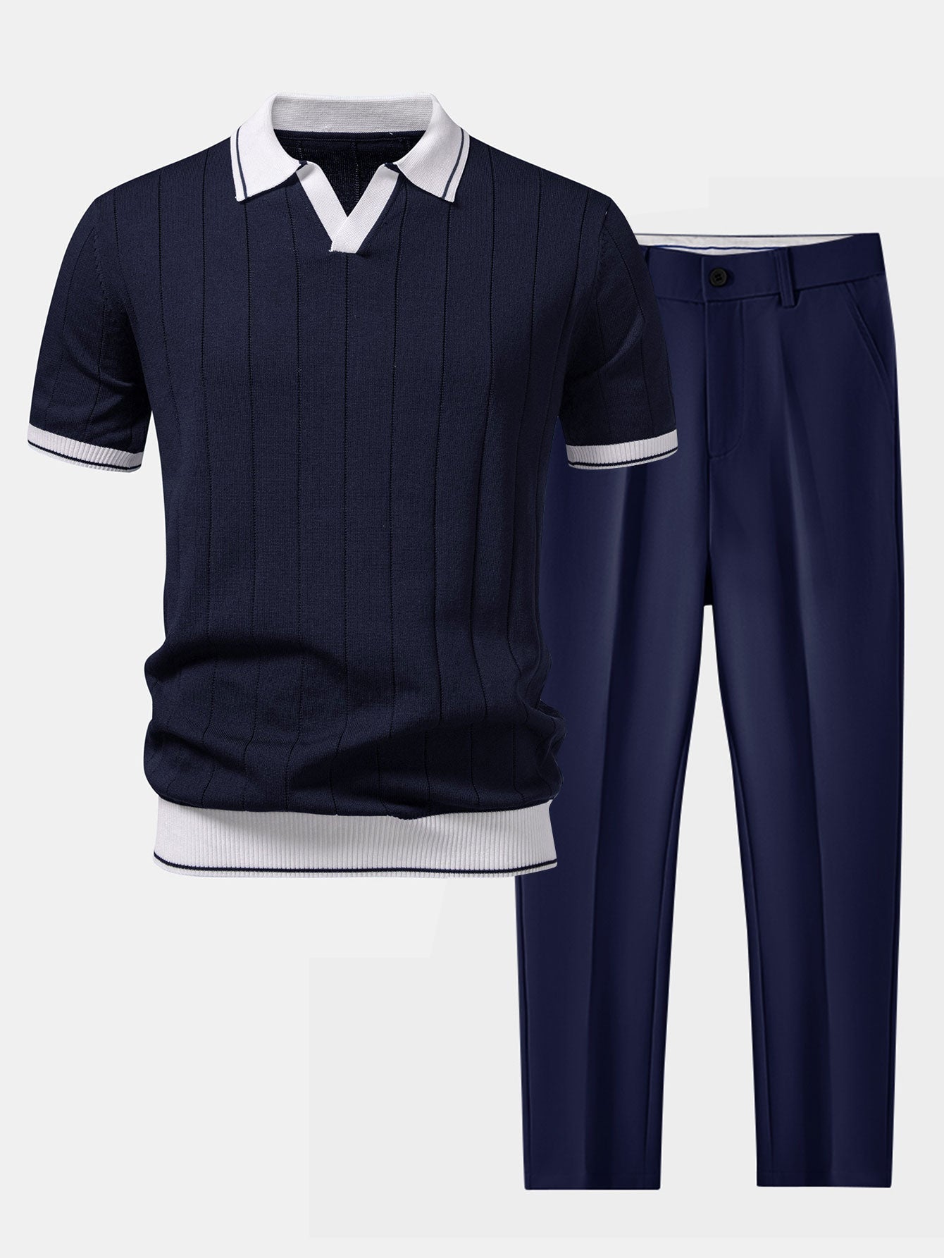 Men's navy textured knit polo shirt with contrast white collar paired with matching navy trousers displayed as a coordinated outfit set.