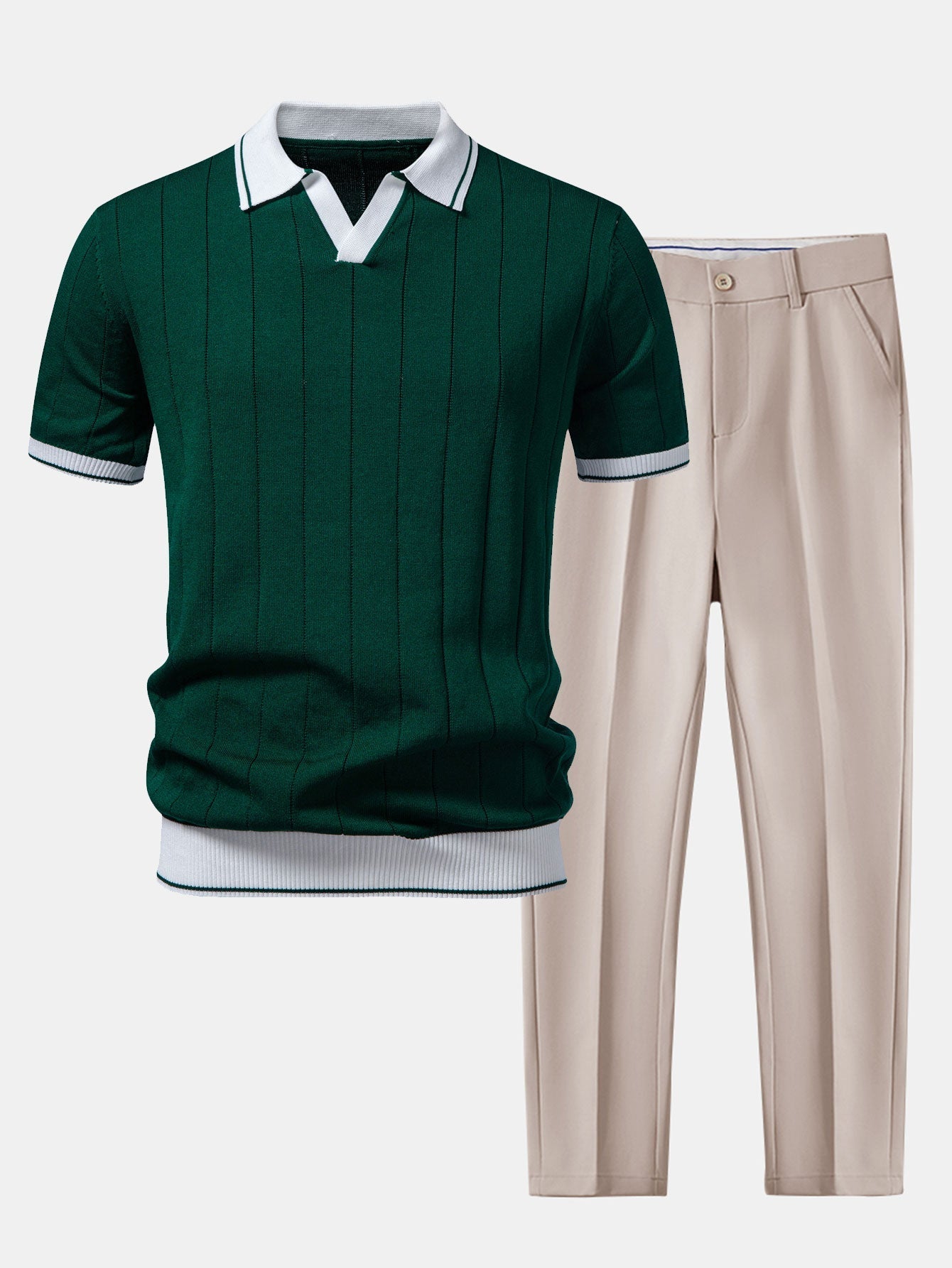 Men's green textured knit polo shirt with contrast white collar paired with beige straight-leg trousers displayed as a smart casual outfit.