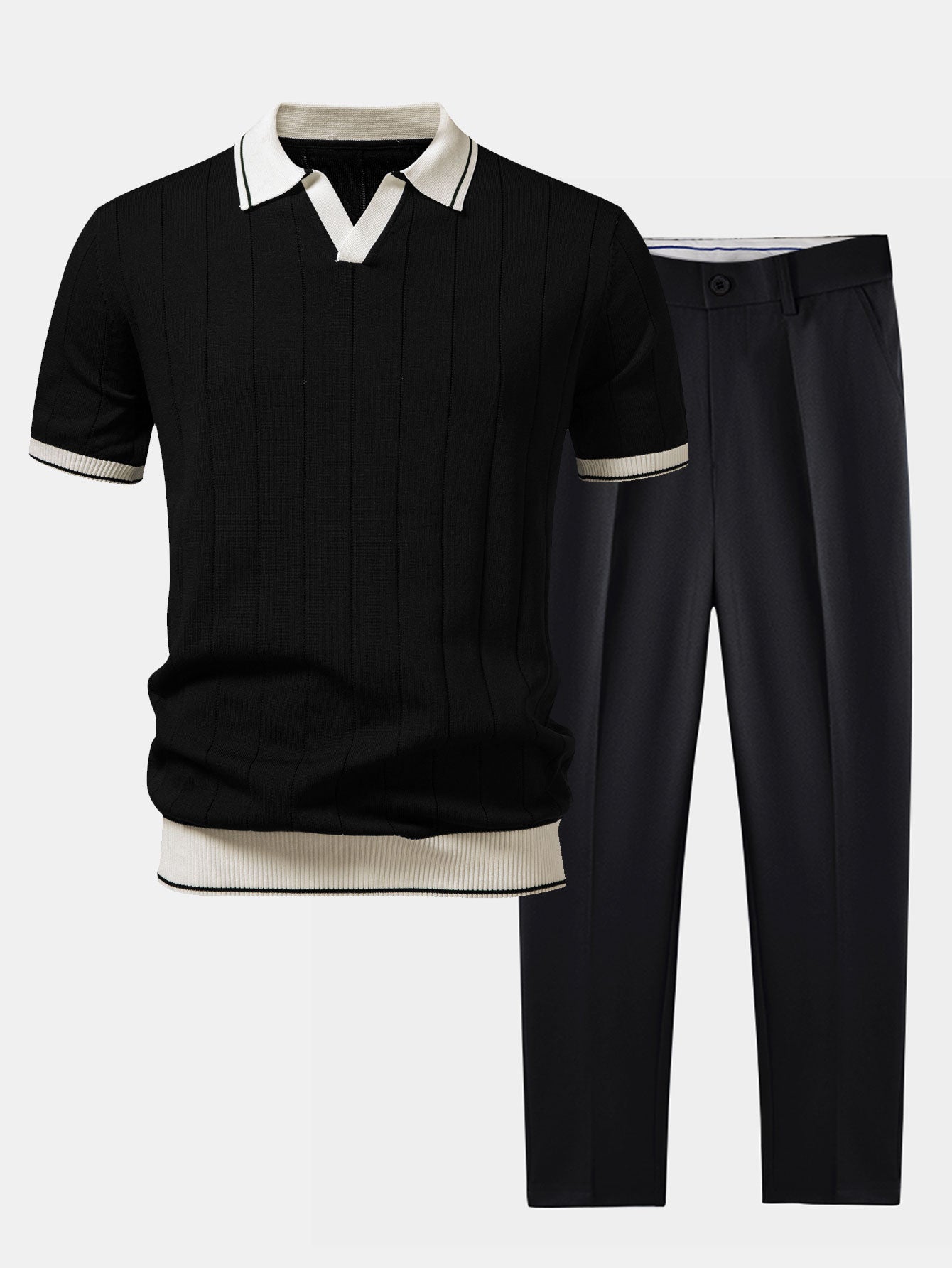 Men's black textured knit polo shirt with contrast white collar paired with matching black trousers displayed as a coordinated outfit set.