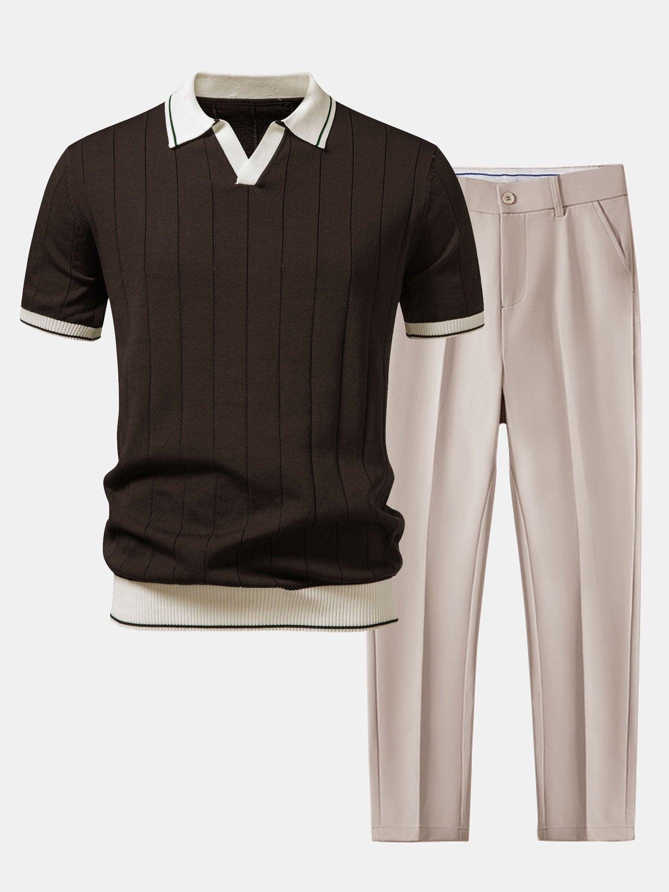 Men's brown textured knit polo shirt with contrast white collar paired with beige straight-leg trousers displayed as a versatile smart casual outfit.