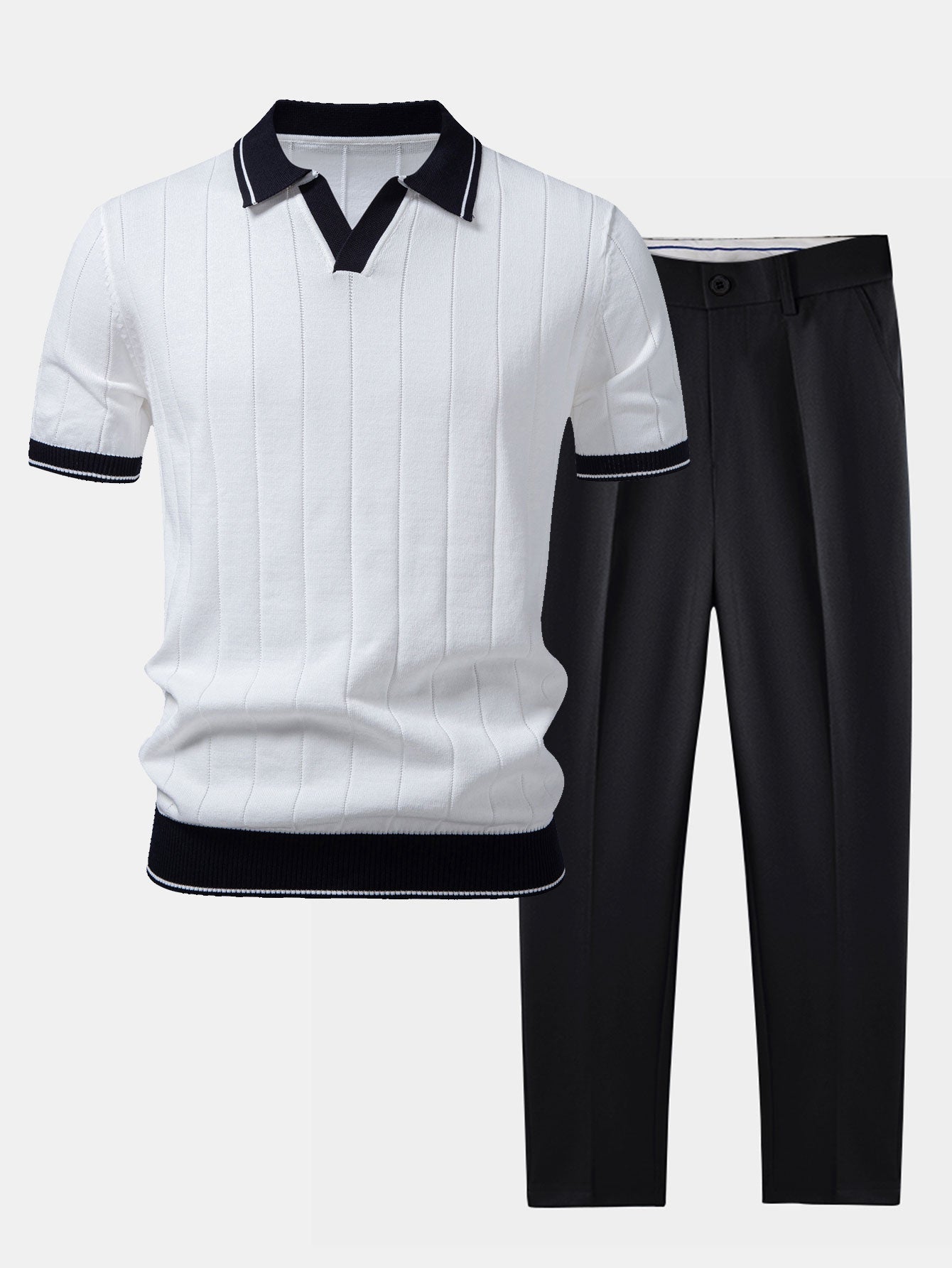 Men's white textured knit polo shirt with contrast black collar and sleeve trim paired with black straight-leg trousers displayed as a coordinated smart casual outfit.