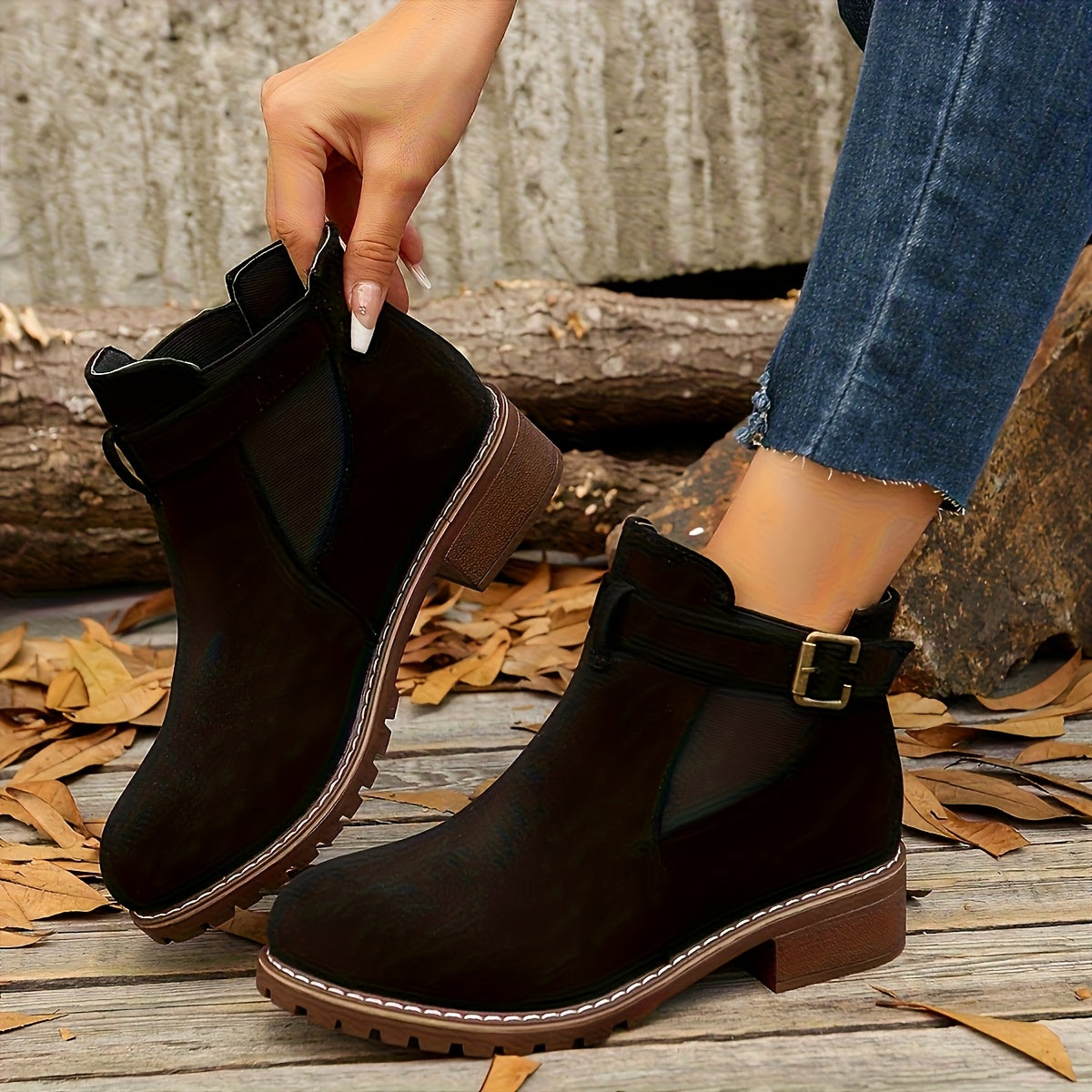 Black Chelsea ankle boots with a napped finish, buckle strap, elastic side panels, and a rugged lug sole block heel.