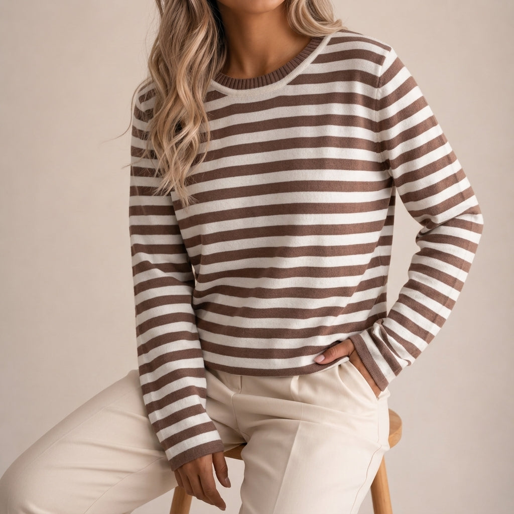Emilia Cotton Blend Striped Top – Crew-Neck Relaxed-Fit Ribbed-Cuff Tee