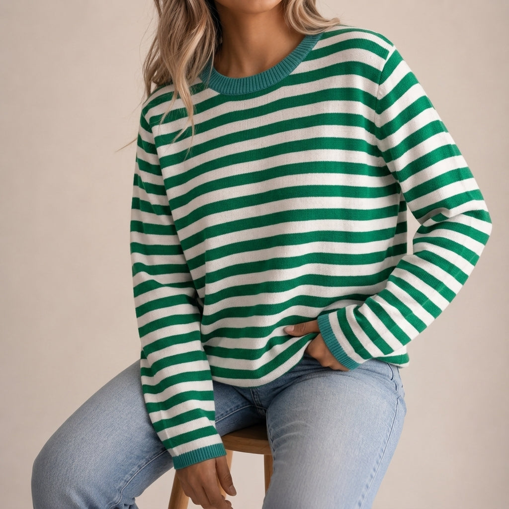 Emilia Cotton Blend Striped Top – Crew-Neck Relaxed-Fit Ribbed-Cuff Tee