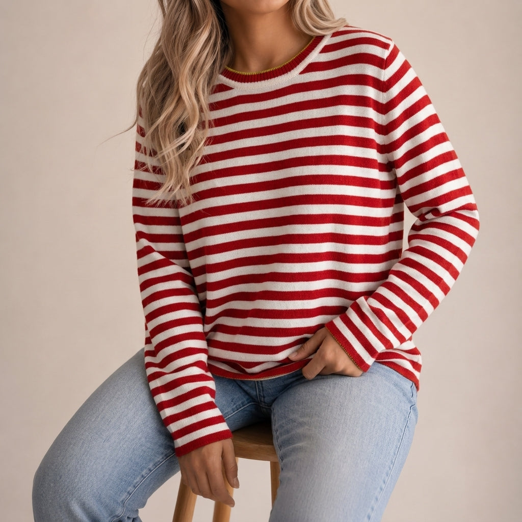 Emilia Cotton Blend Striped Top – Crew-Neck Relaxed-Fit Ribbed-Cuff Tee