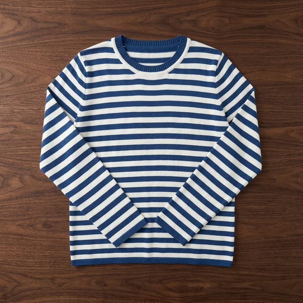 Emilia Cotton Blend Striped Top – Crew-Neck Relaxed-Fit Ribbed-Cuff Tee