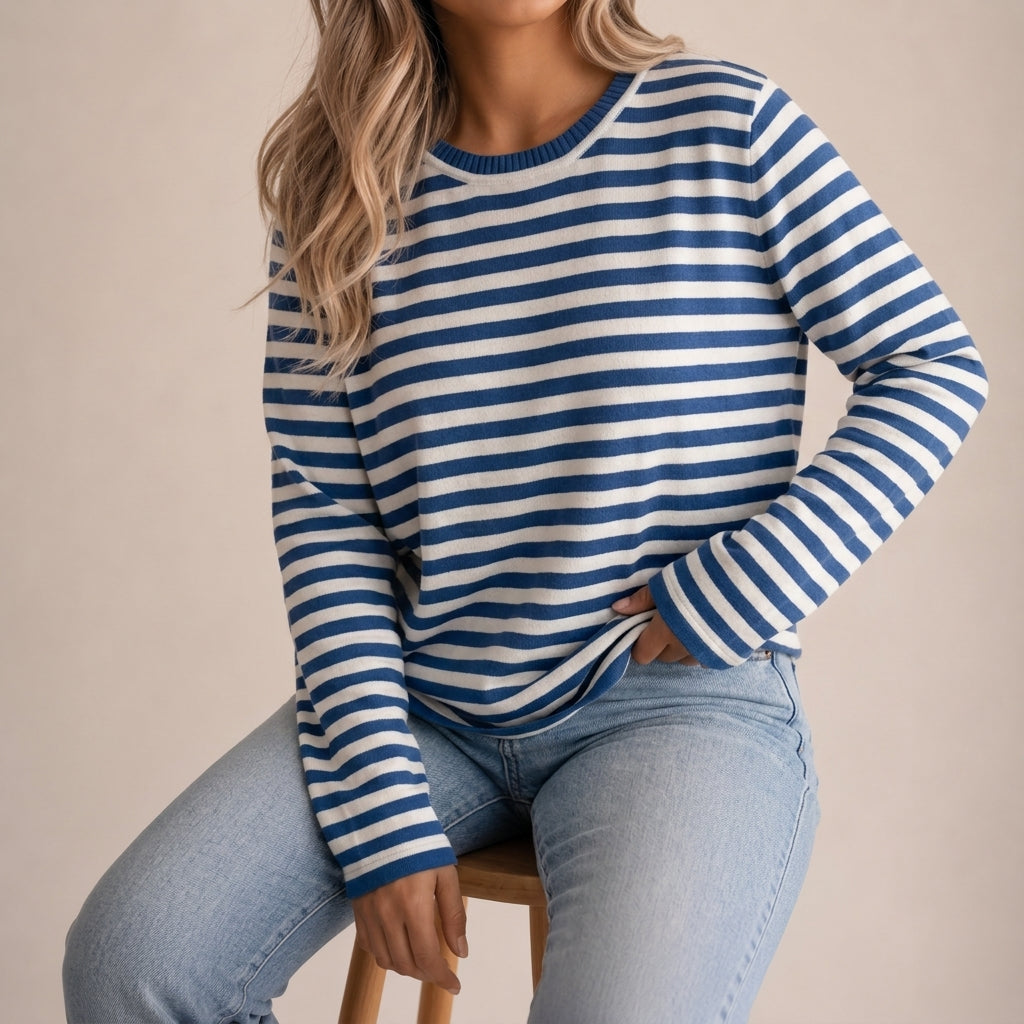 Emilia Cotton Blend Striped Top – Crew-Neck Relaxed-Fit Ribbed-Cuff Tee