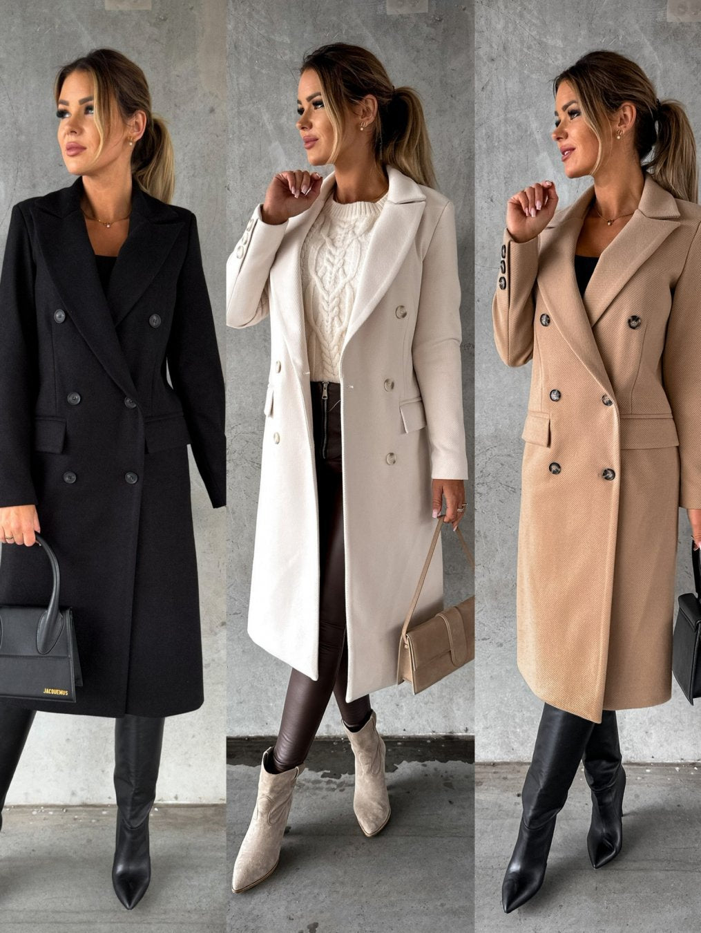 Emilia Double-Breasted Longline Coat – Notched-Lapel Unlined Tailored Overcoat