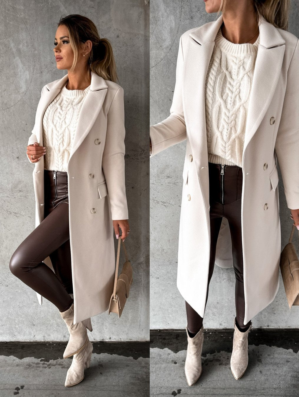 Emilia Double-Breasted Longline Coat – Notched-Lapel Unlined Tailored Overcoat