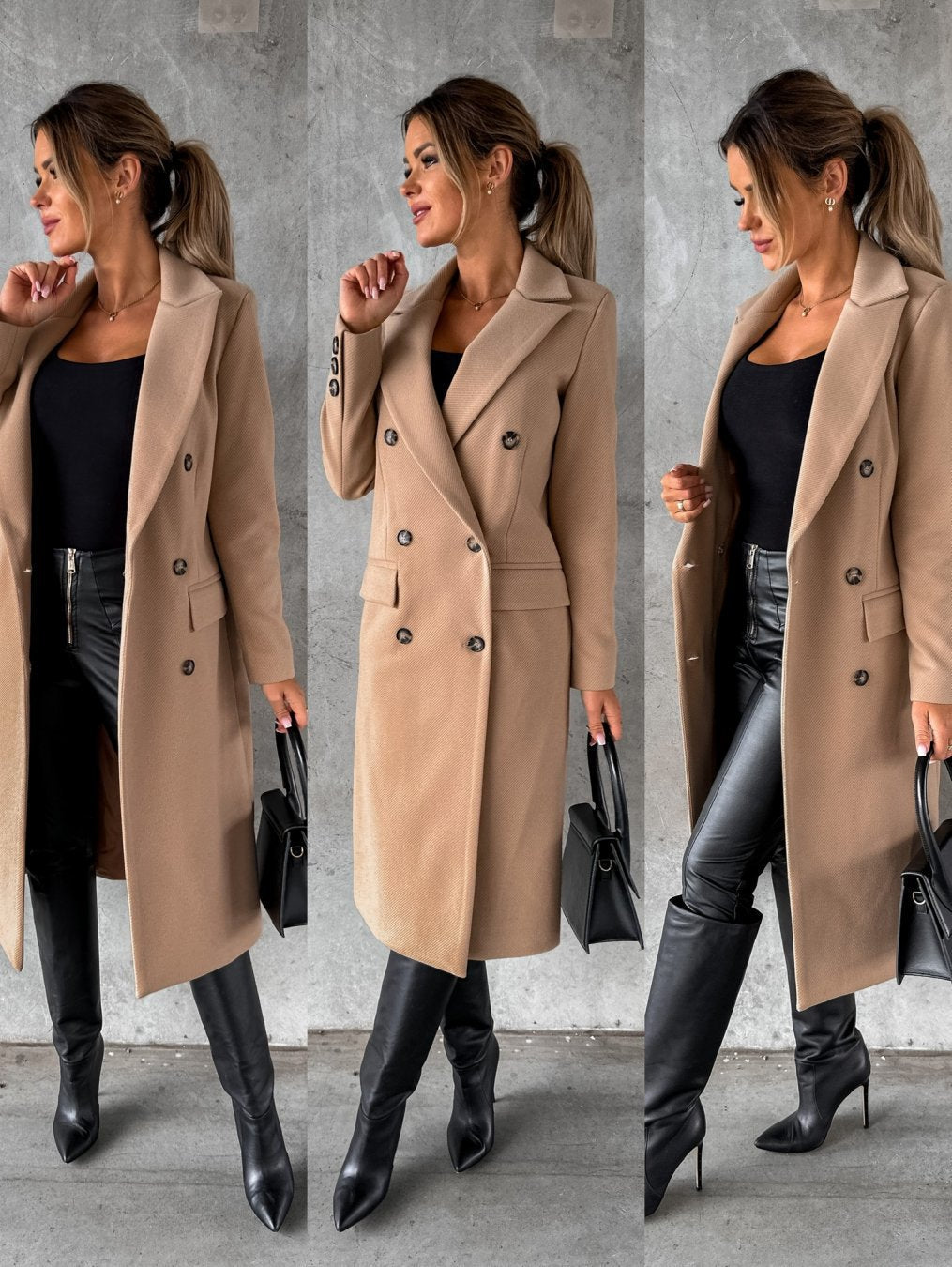 Emilia Double-Breasted Longline Coat – Notched-Lapel Unlined Tailored Overcoat
