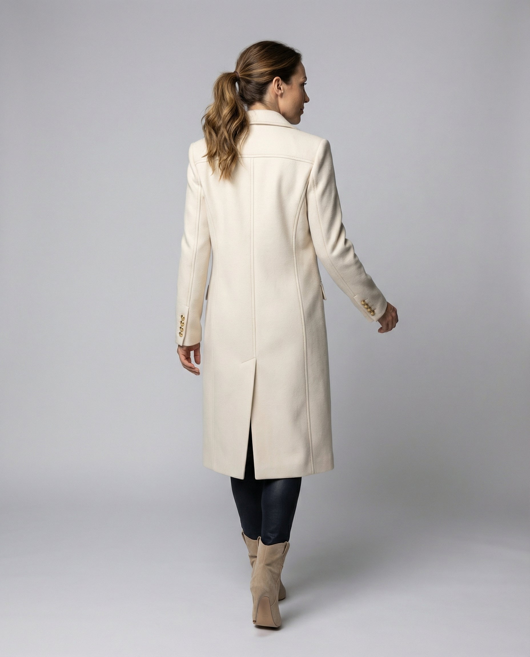 Emilia Double-Breasted Longline Coat – Notched-Lapel Unlined Tailored Overcoat