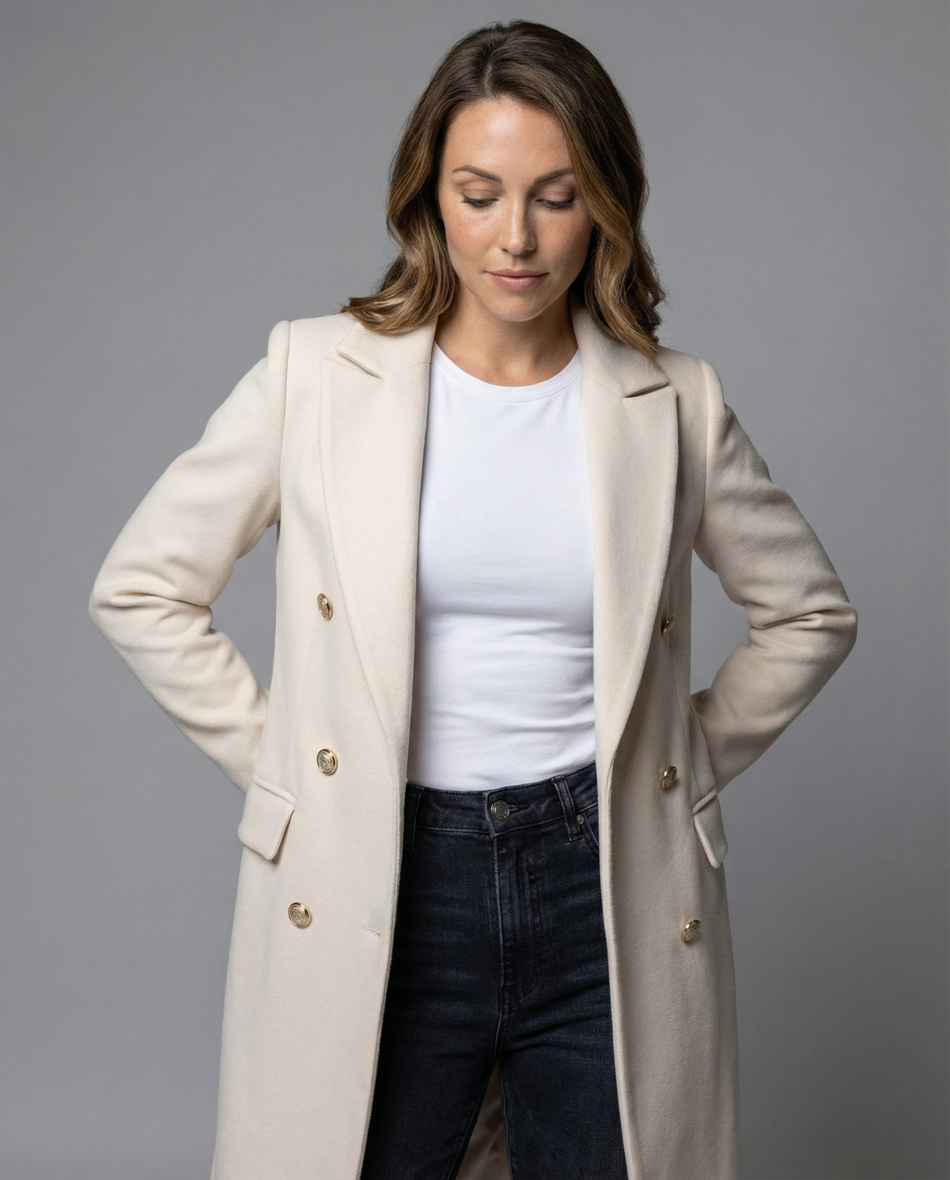 Emilia Double-Breasted Longline Coat – Notched-Lapel Unlined Tailored Overcoat