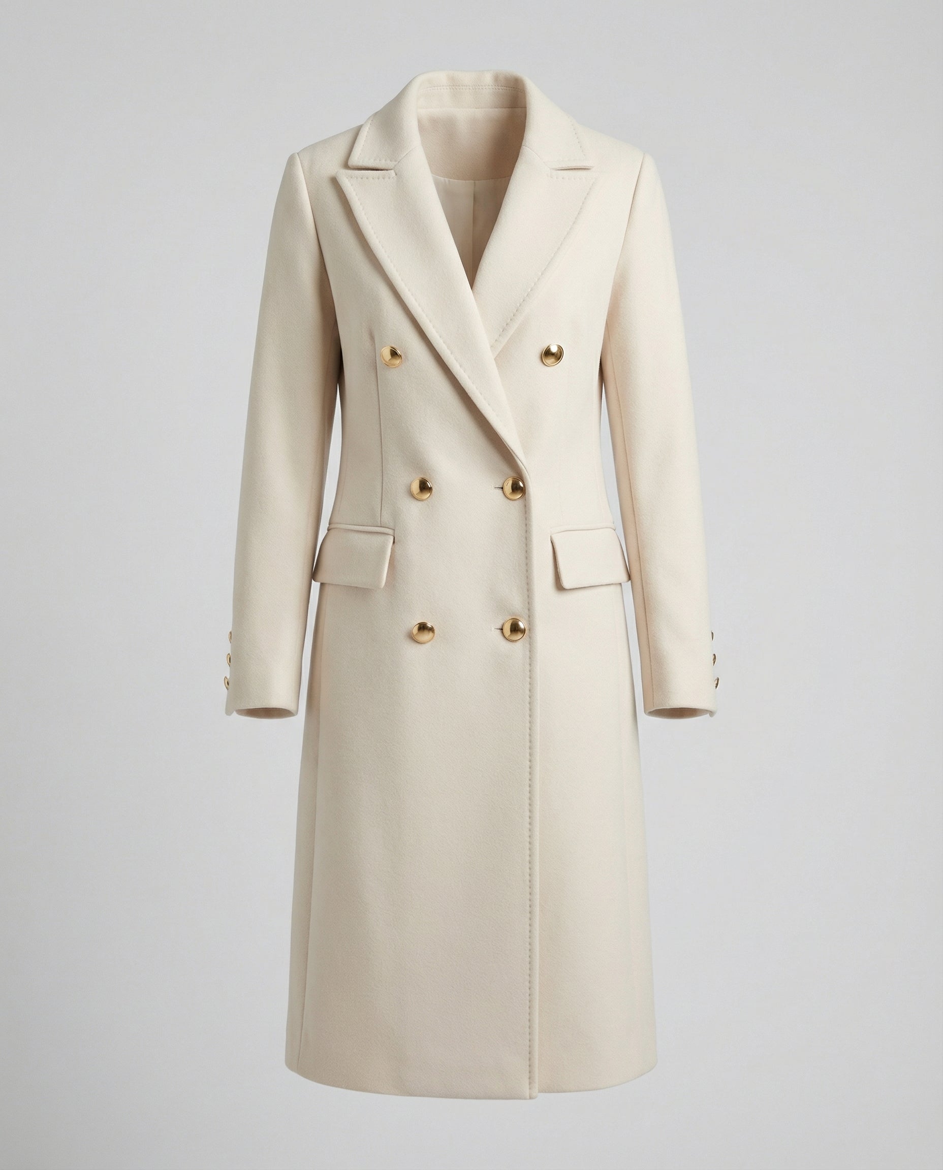 Emilia Double-Breasted Longline Coat – Notched-Lapel Unlined Tailored Overcoat