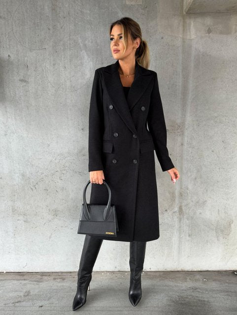 Emilia Double-Breasted Longline Coat – Notched-Lapel Unlined Tailored Overcoat