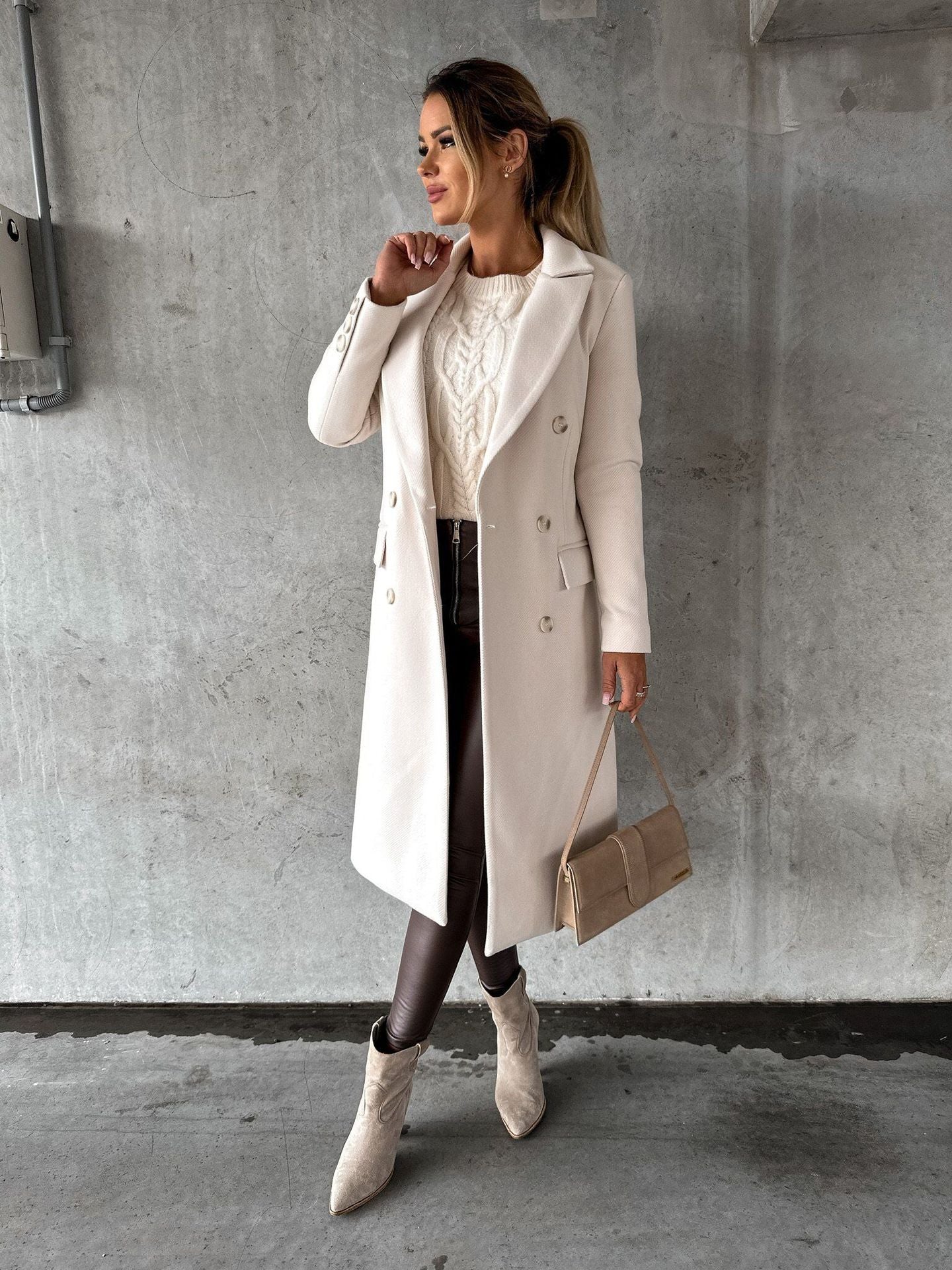 Emilia Double-Breasted Longline Coat – Notched-Lapel Unlined Tailored Overcoat