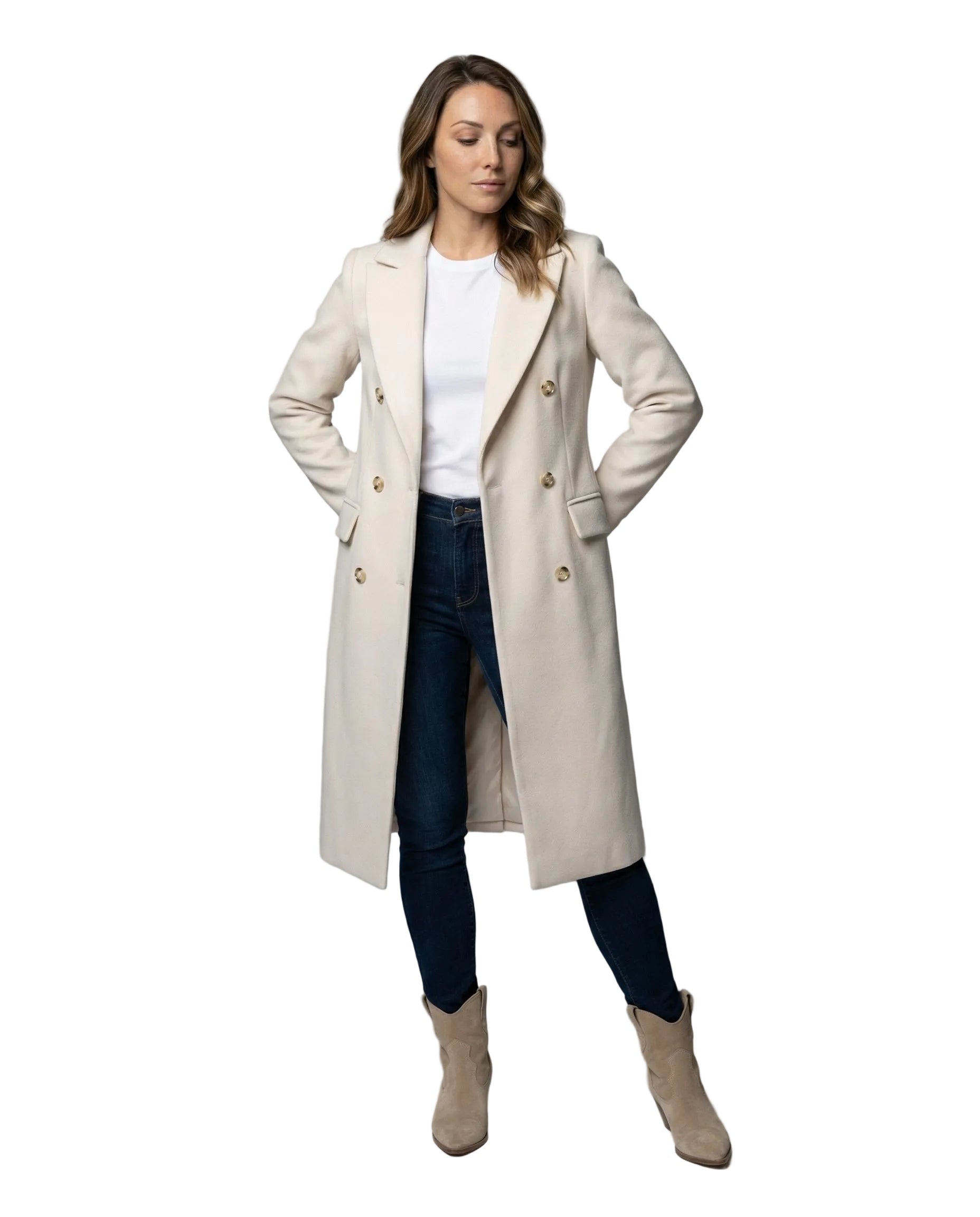 Emilia Double-Breasted Longline Coat – Notched-Lapel Unlined Tailored Overcoat