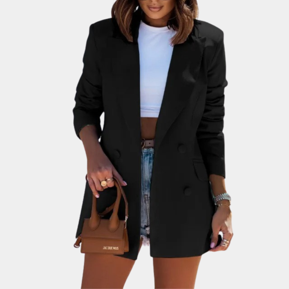Black double-breasted blazer in a tailored mid-length cut with structured shoulders and a smooth, matte finish.