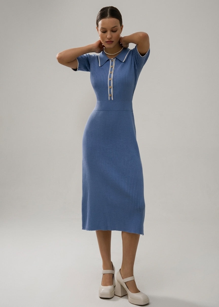 Emilia Ribbed Knit Midi Dress – Polo Collar Button Front Relaxed Fit
