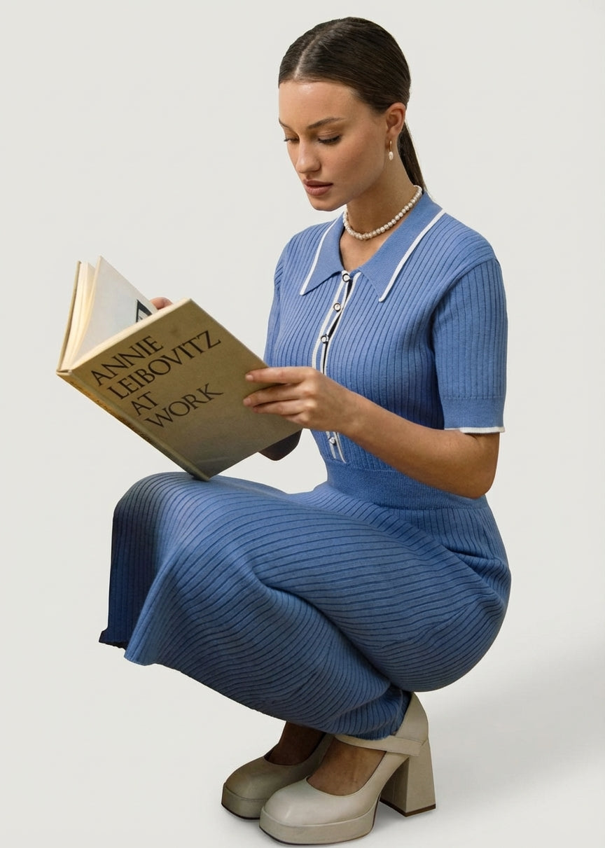 Emilia Ribbed Knit Midi Dress – Polo Collar Button Front Relaxed Fit