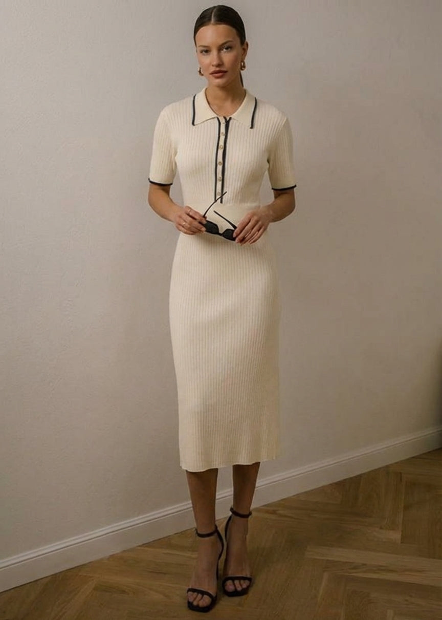 Emilia Ribbed Knit Midi Dress – Polo Collar Button Front Relaxed Fit
