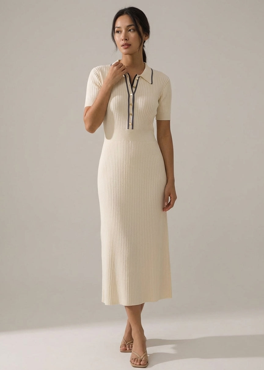 Emilia Ribbed Knit Midi Dress – Polo Collar Button Front Relaxed Fit