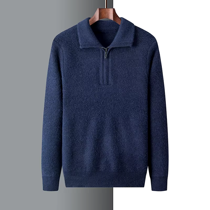 Navy blue mid-weight knit quarter-zip sweater with a folded collar, ribbed cuffs, and hem on a wooden hanger.