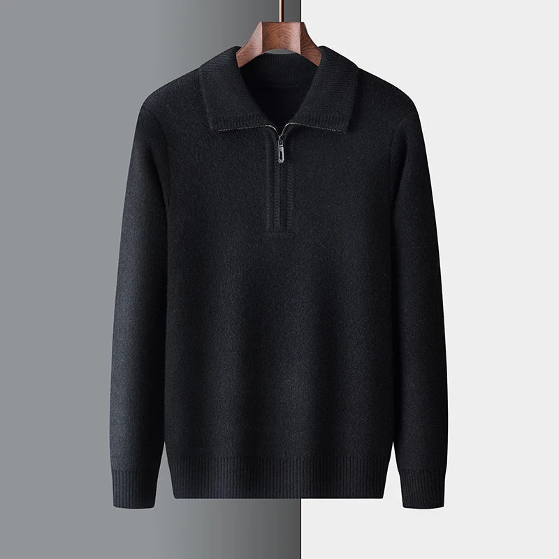 Black mid-weight knit quarter-zip polo sweater with a folded point collar and ribbed cuffs on a wooden hanger.