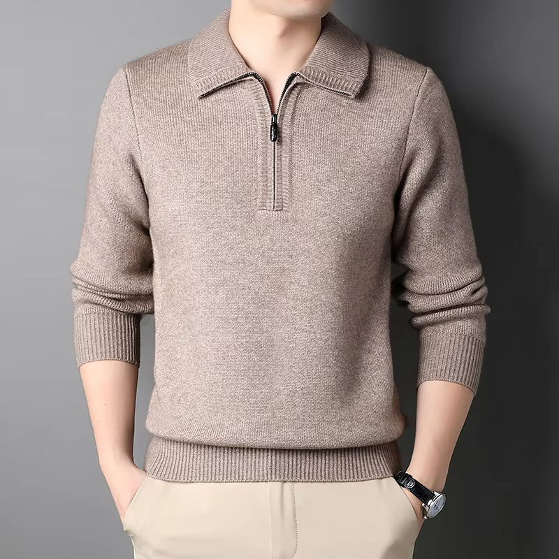 Taupe mid-weight knit quarter-zip sweater with a flat-folding collar, ribbed cuffs, and a structured regular fit.