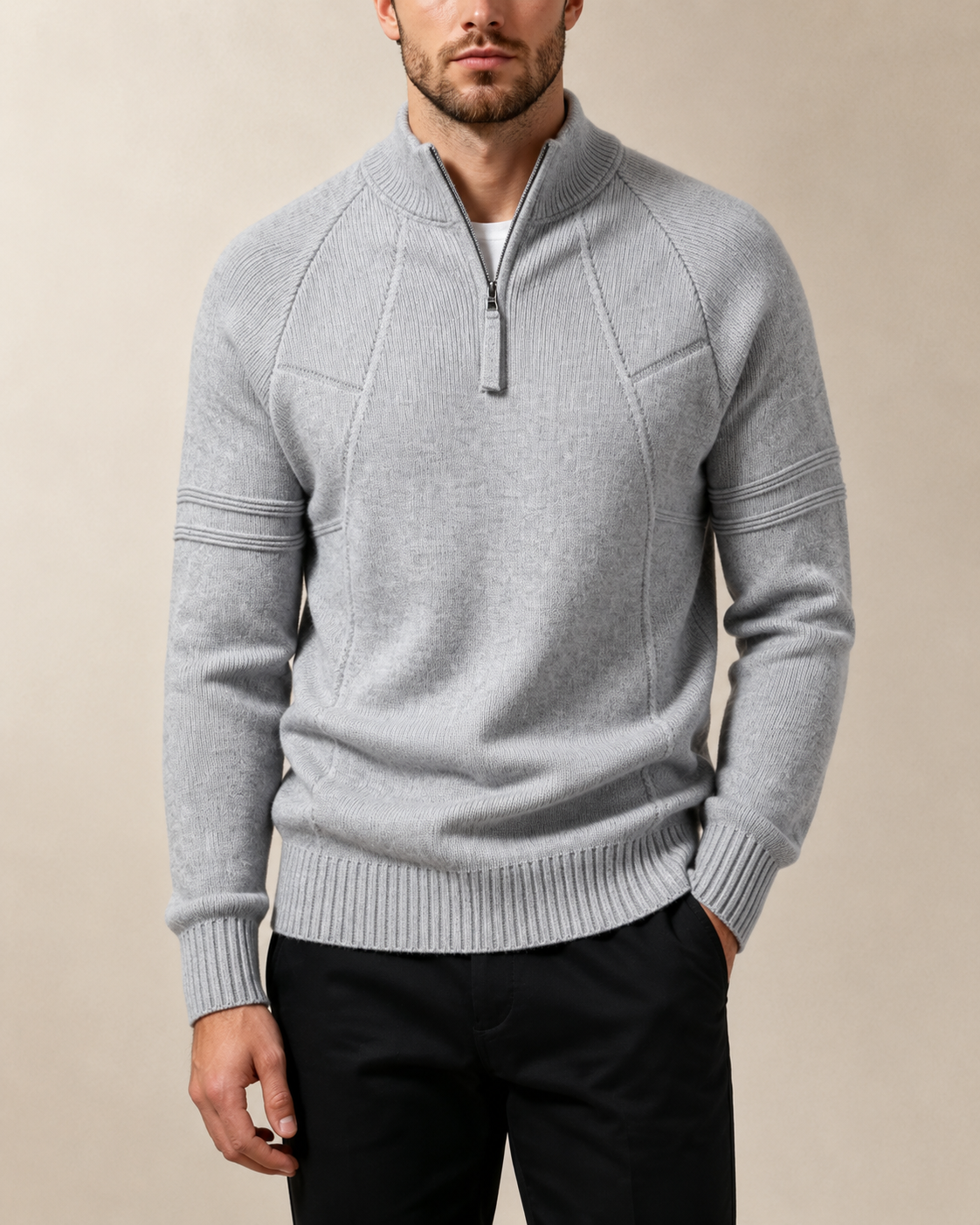 Light gray fitted quarter-zip sweater worn by a male model, front view