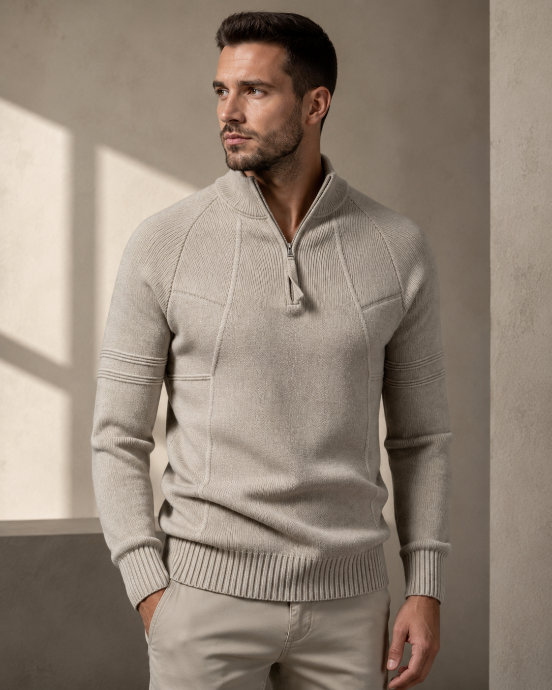 Beige fitted quarter-zip sweater worn by male model, front view