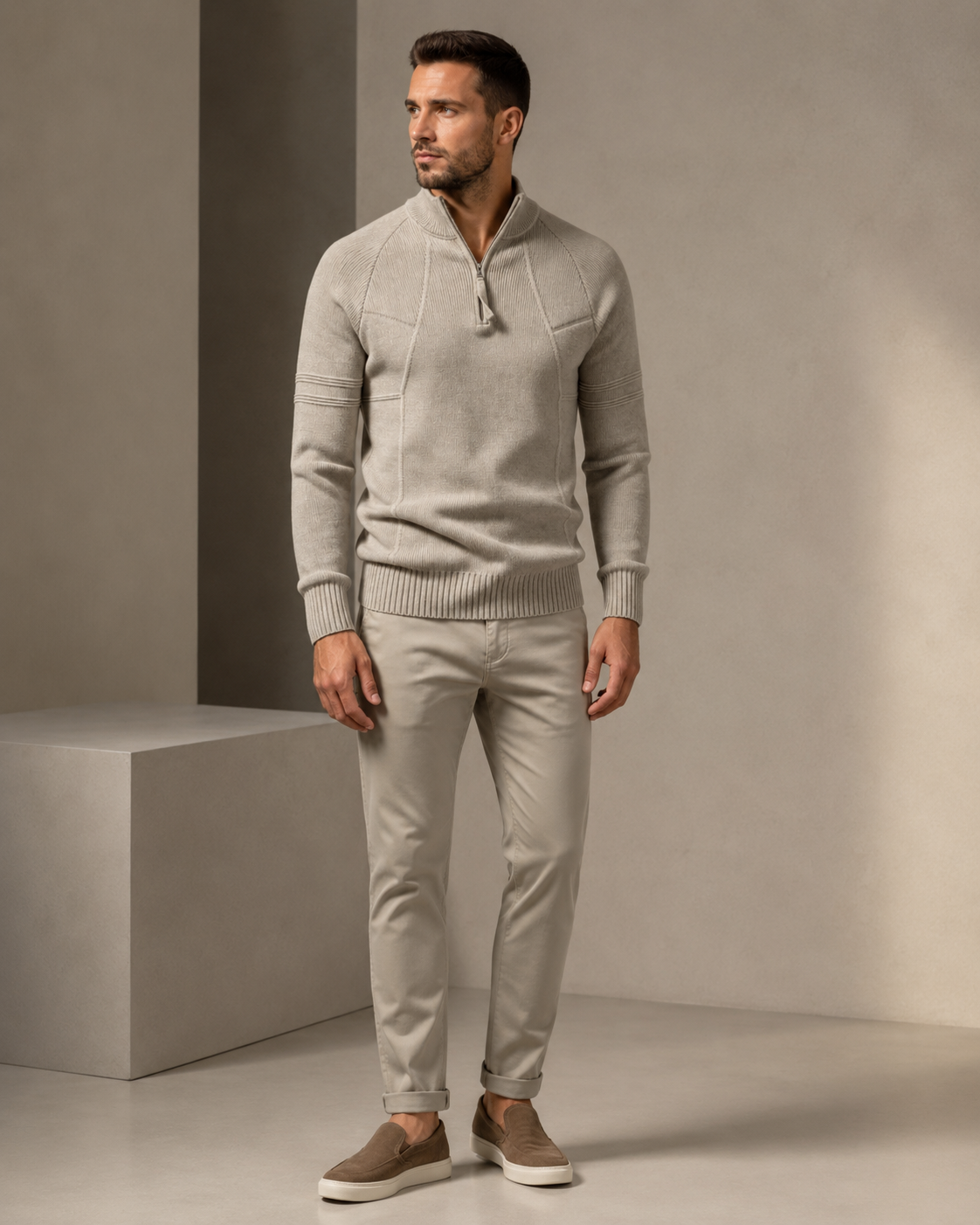 Beige fitted quarter-zip sweater worn by male model, full-body view