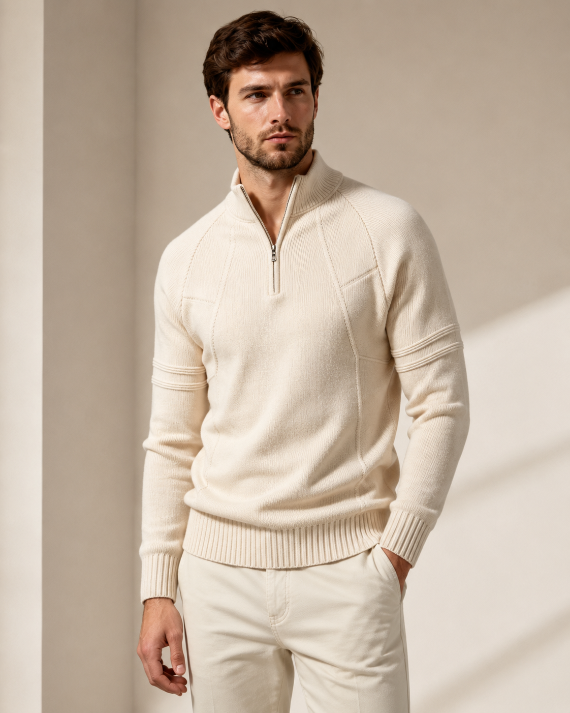 Fitted cream quarter-zip sweater worn by male model, full-body front view