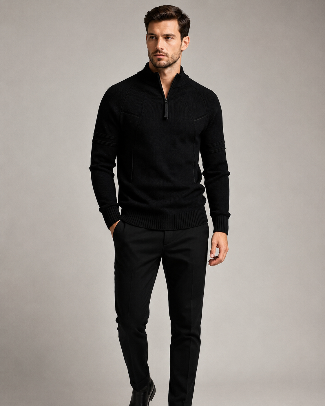 Black fitted quarter-zip sweater worn by male model, full-body view