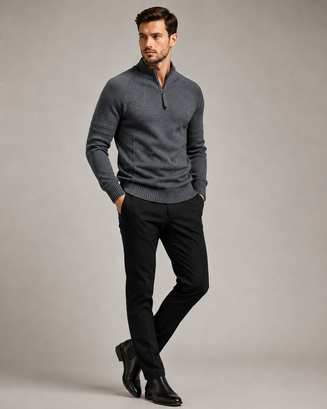 Fitted Knit Quarter-Zip Sweater – Raglan Sleeves & Seamed Panels | Kevin