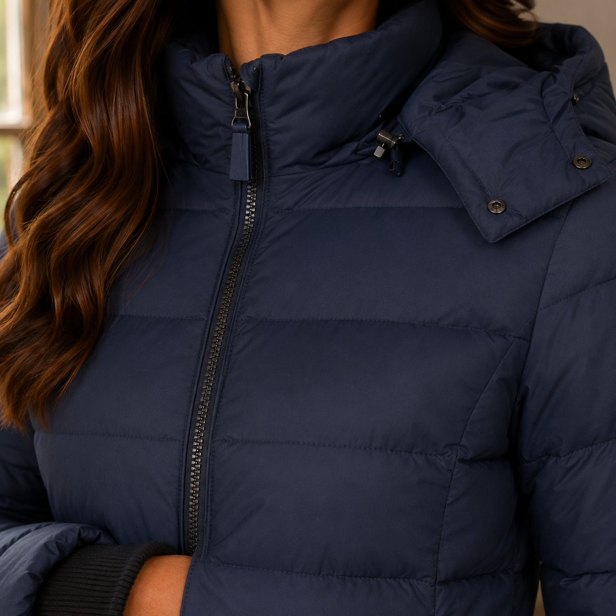 Navy blue longline puffer coat with horizontal quilted channels, a high zip-up collar, and an adjustable padded hood.