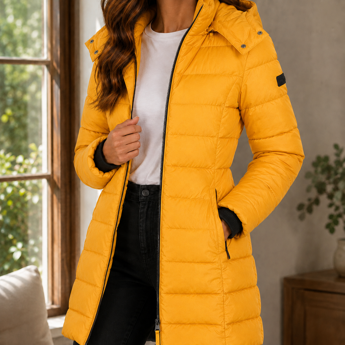 Mustard yellow longline puffer coat with horizontal quilting, adjustable hood, and black rib-knit inner cuffs.