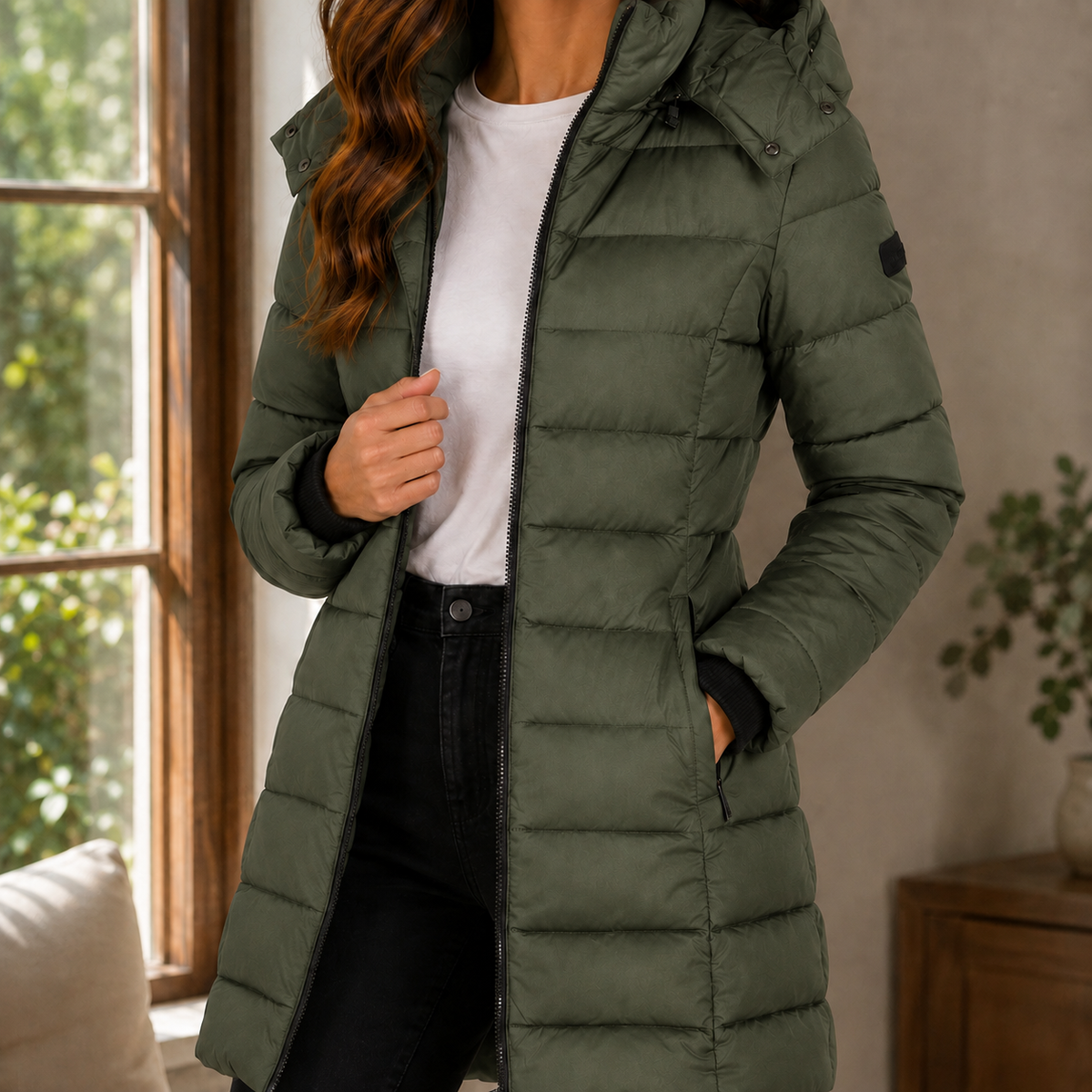 Olive green longline puffer coat with quilted channels, adjustable hood, and black rib-knit inner cuffs.