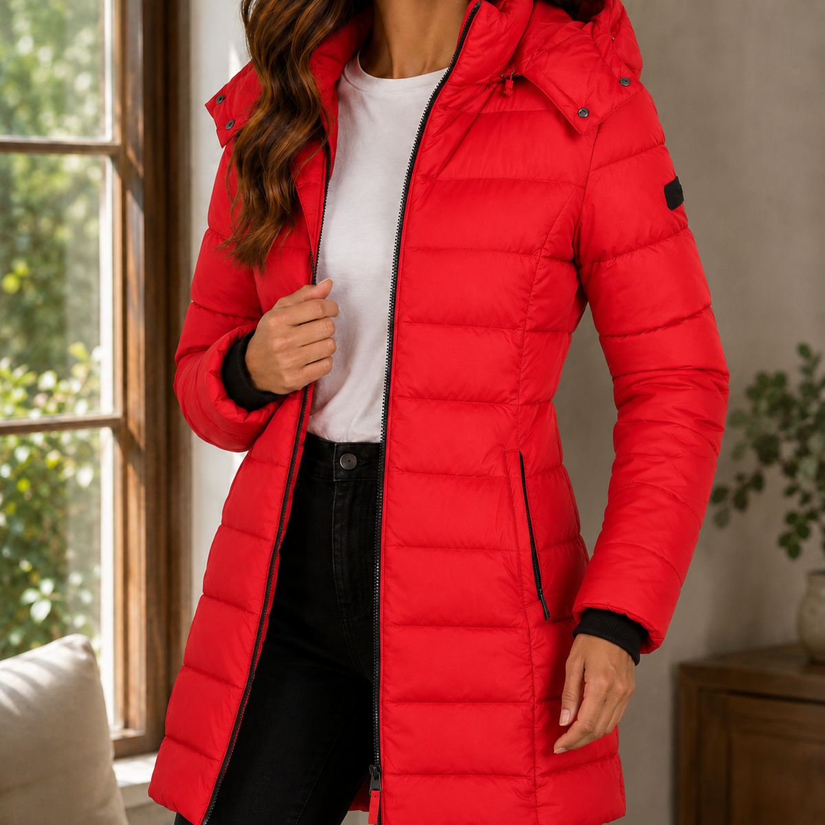 Red longline puffer coat with horizontal quilting, adjustable hood, and black rib-knit cuffs in a slim, tailored silhouette.