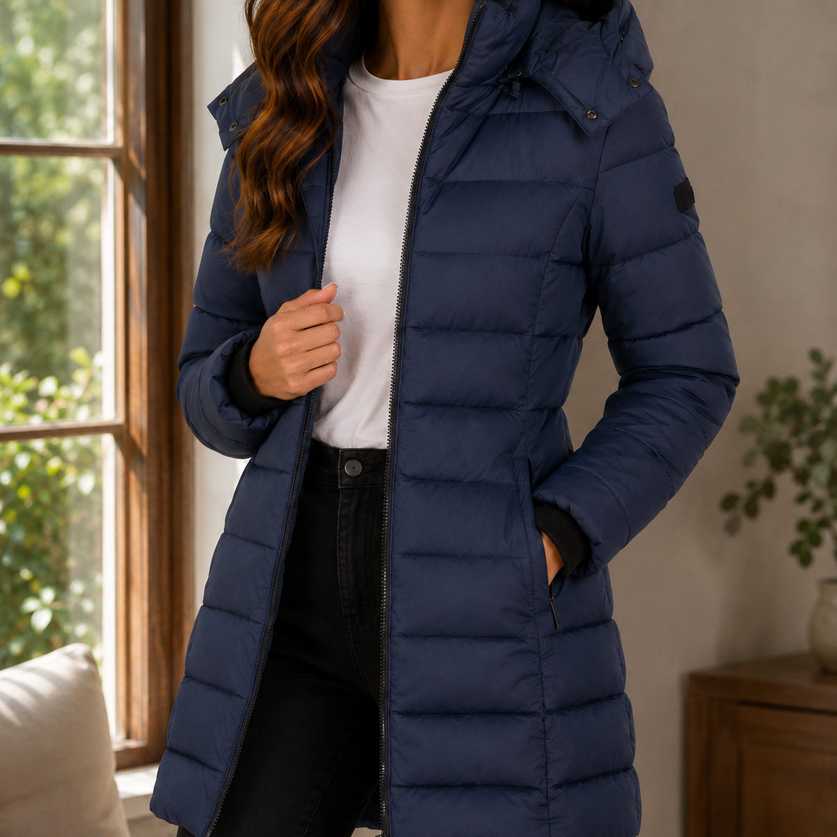 Navy blue longline puffer coat with quilted channels, adjustable hood, and rib-knit inner cuffs over a white tee.