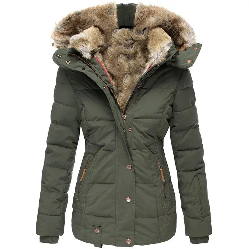 Olive green quilted winter jacket with a plush faux-fur hood, fitted waist, zip pockets, and ribbed cuffs.
