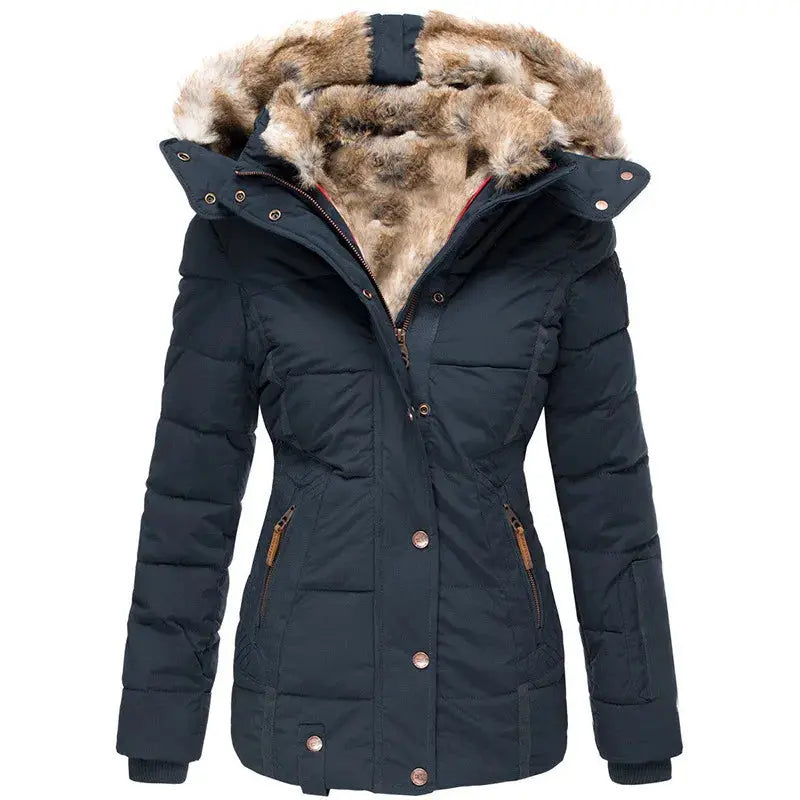 Navy blue quilted winter jacket with a plush faux-fur lined hood, fitted waist, zip pockets, and ribbed cuffs.