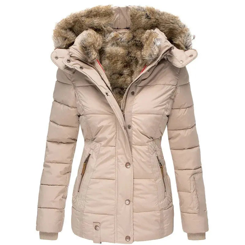 Beige quilted winter jacket with a plush faux-fur lined hood, zip pockets, and a fitted, cinched waist silhouette.