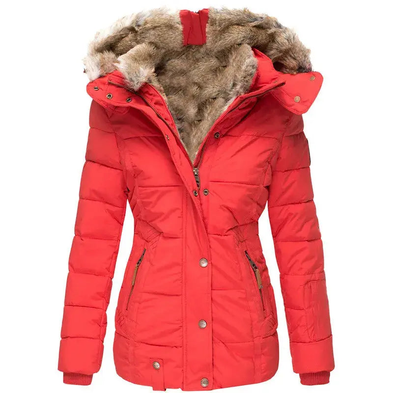 Red quilted winter jacket with a plush faux-fur lined hood, zip pockets, and ribbed cuffs in a fitted, waist-defining silhouette.