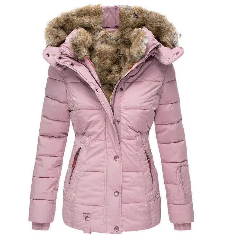 Dusty pink quilted winter jacket with a plush faux-fur hood, zip pockets, and ribbed cuffs in a fitted silhouette.