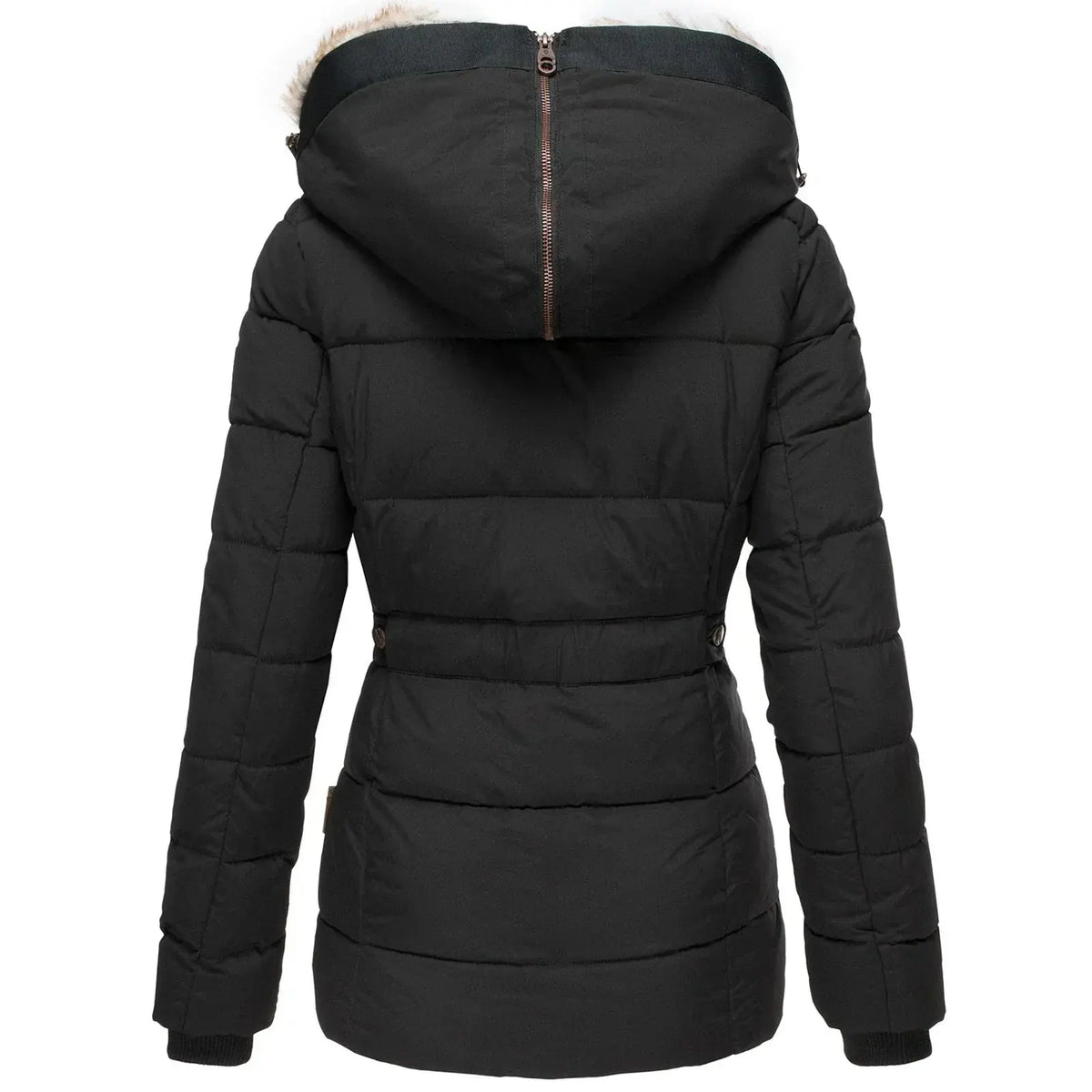 Black quilted winter jacket with a plush-trimmed hood, cinched waist, and zip-detail back, shown from behind.