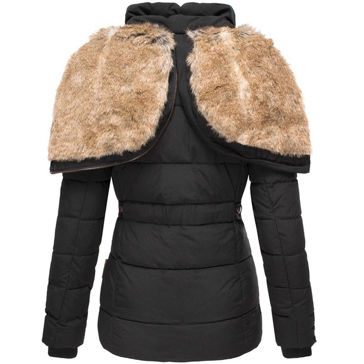 Black quilted winter jacket with a waist-defining fit and a large, detachable plush-trimmed hood.