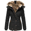 Black quilted winter jacket with a plush faux-fur lined hood, fitted waist, zip pockets, and ribbed cuffs.