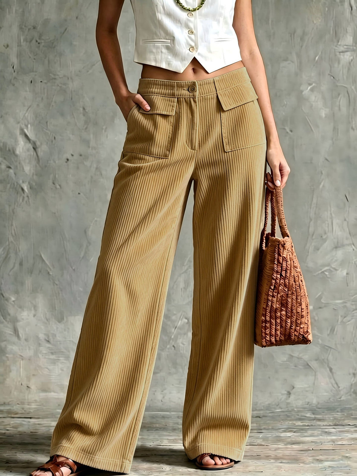 Khaki fine-wale corduroy wide-leg pants featuring front flap pockets, a button-zip fly, and a relaxed, straight-leg fit.