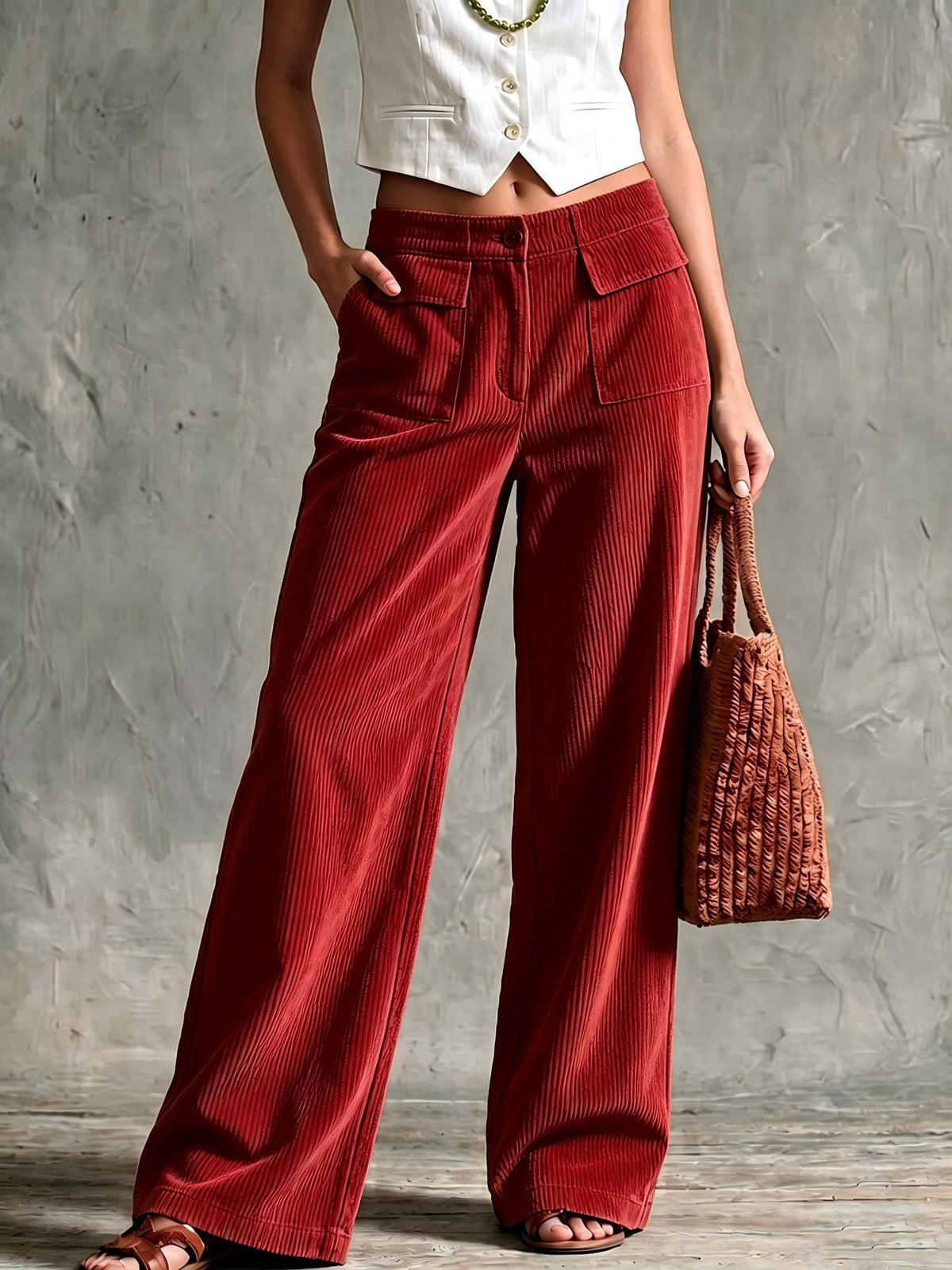 Red-colored fine-wale corduroy wide-leg pants featuring front flap pockets and a structured, high-waisted fit.