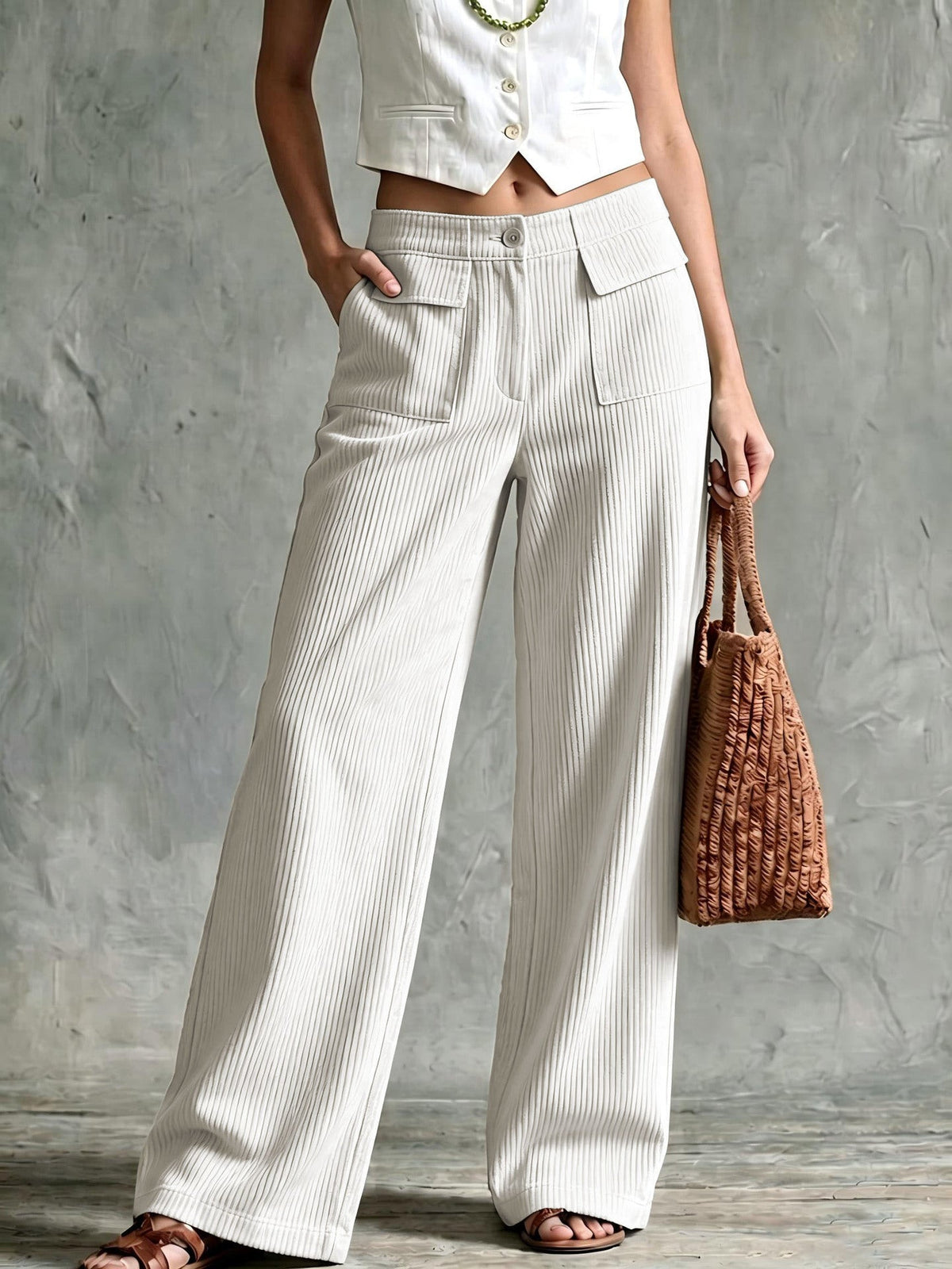 Off-white fine-wale corduroy wide-leg pants with utility flap pockets, button-zip fly, and a relaxed straight-leg fit.